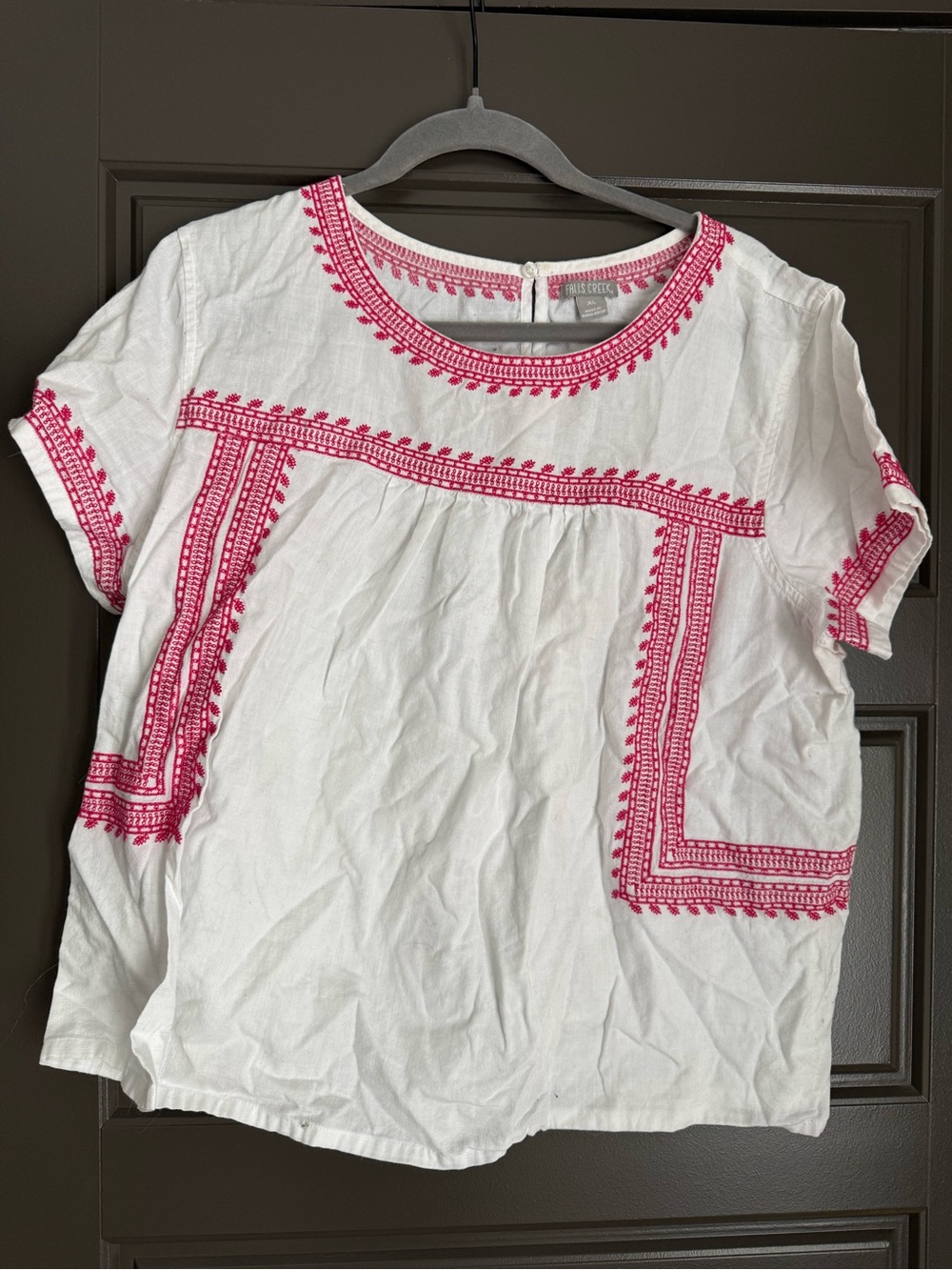 Falls Creek White Short-Sleeve Top with Pink Embroidery